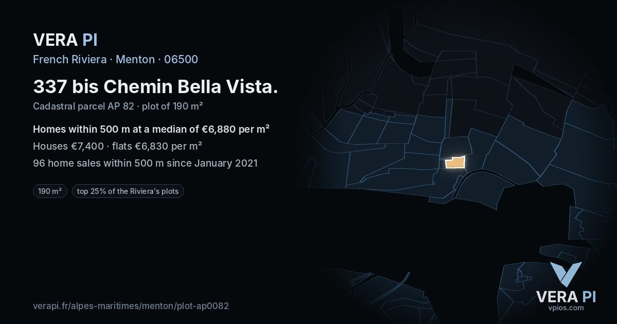 337 bis Chemin Bella Vista, Menton at night – the plot lit, the parcels around coloured by the prices near them