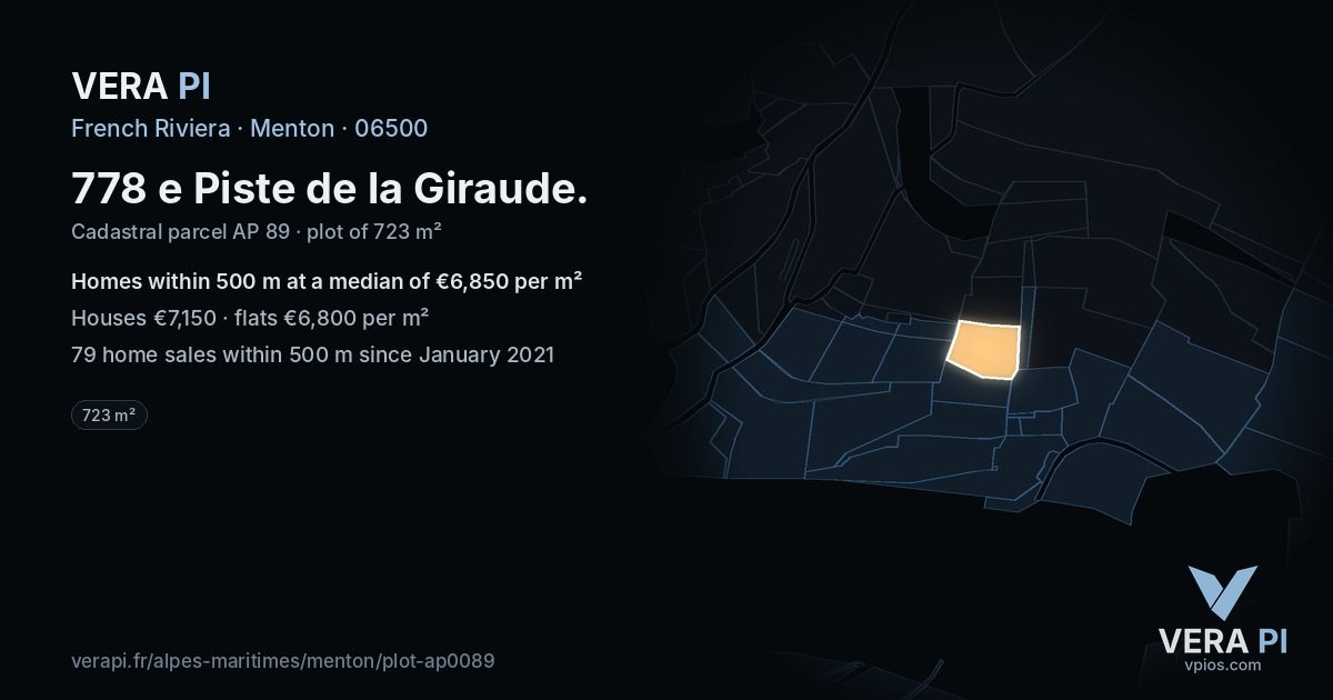 778 e Piste de la Giraude, Menton at night – the plot lit, the parcels around coloured by the prices near them