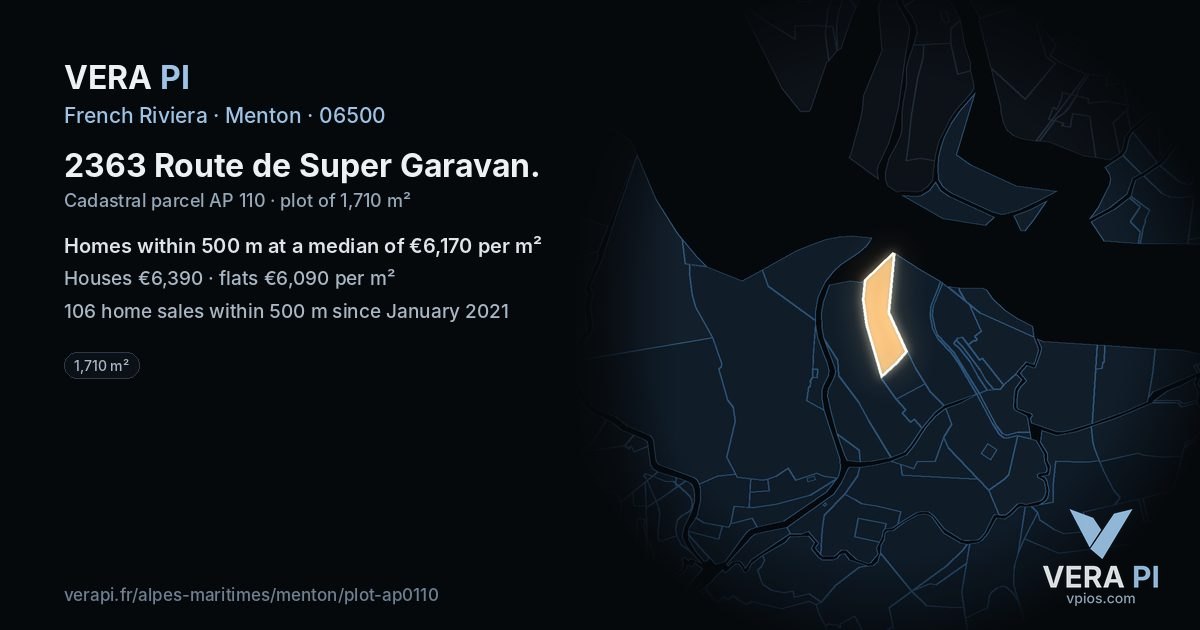2363 Route de Super Garavan, Menton at night – the plot lit, the parcels around coloured by the prices near them