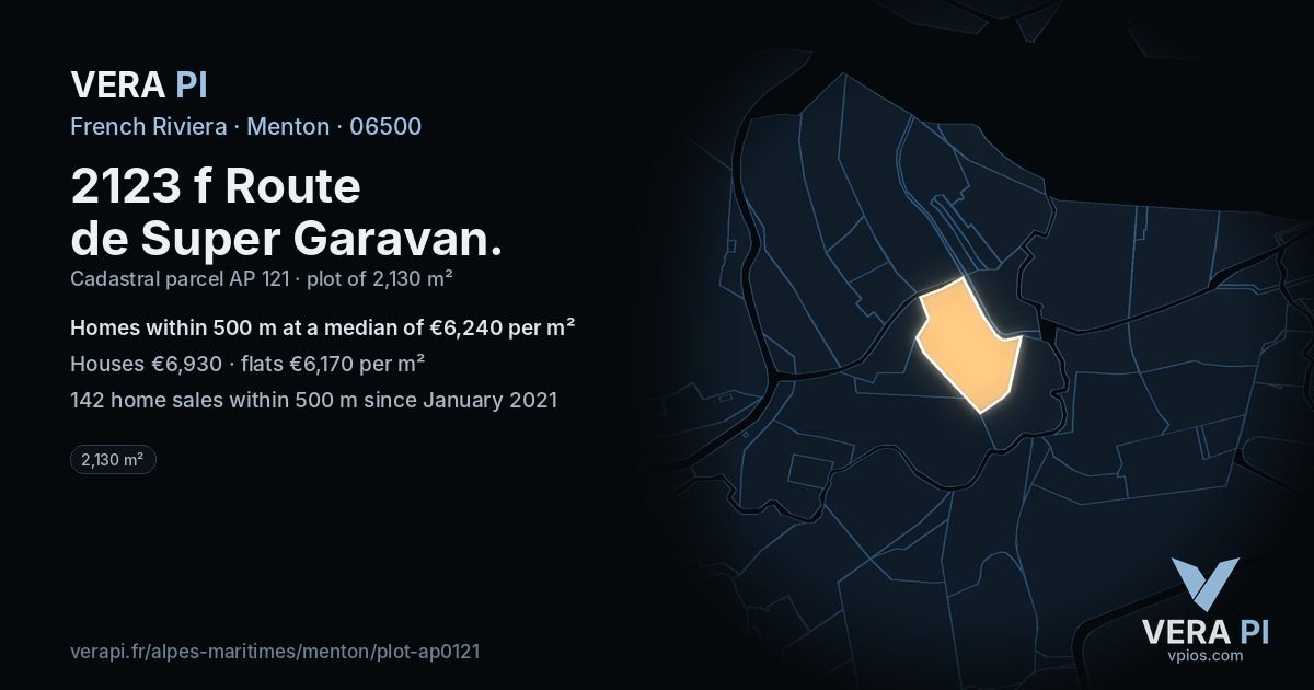 2123 f Route de Super Garavan, Menton at night – the plot lit, the parcels around coloured by the prices near them