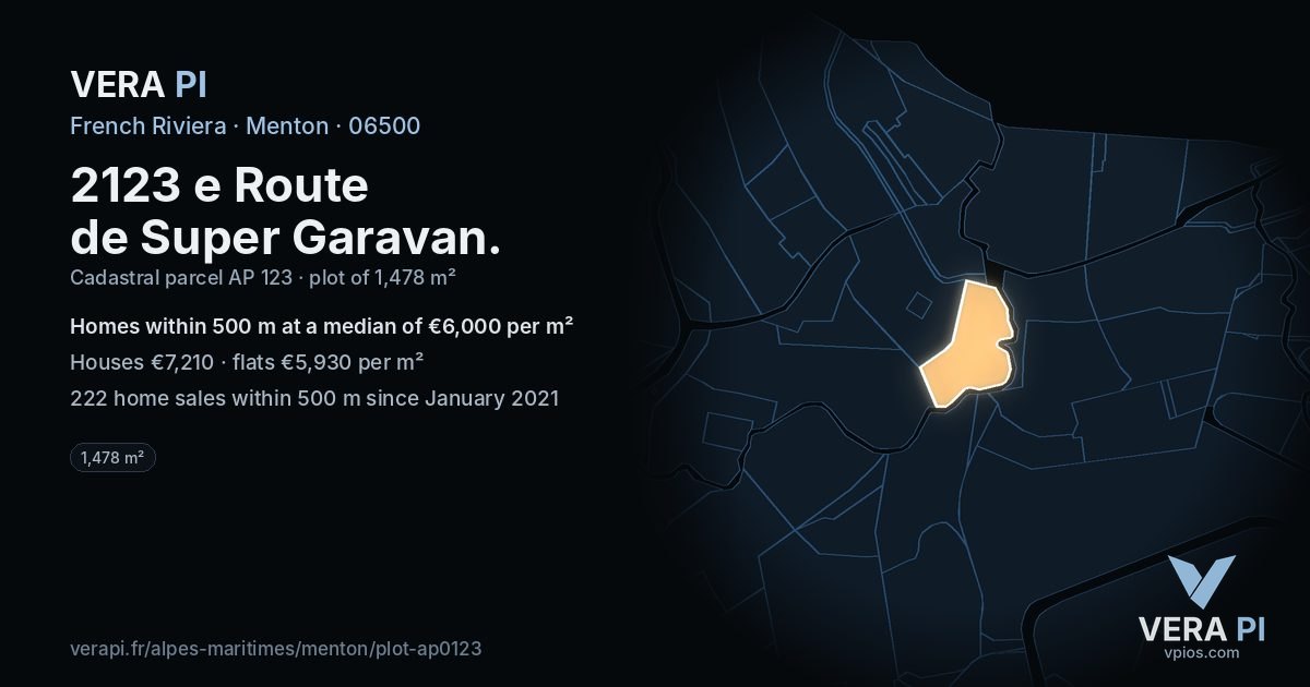 2123 e Route de Super Garavan, Menton at night – the plot lit, the parcels around coloured by the prices near them