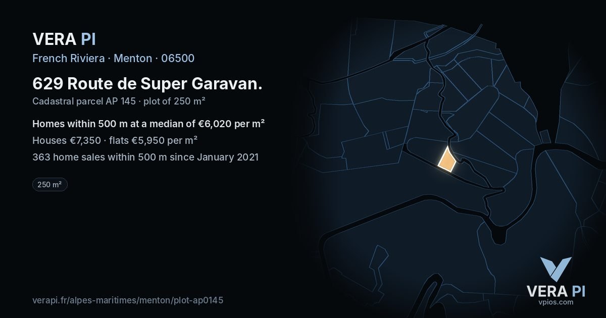 629 Route de Super Garavan, Menton at night – the plot lit, the parcels around coloured by the prices near them