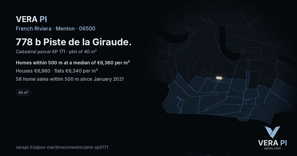 778 b Piste de la Giraude, Menton at night – the plot lit, the parcels around coloured by the prices near them