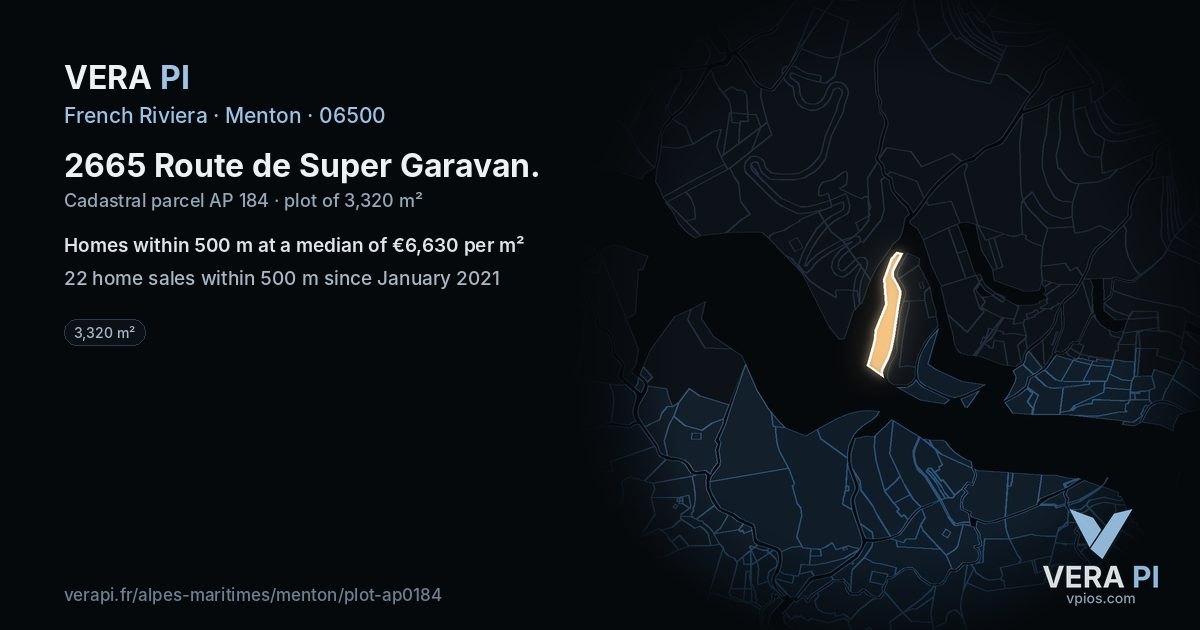2665 Route de Super Garavan, Menton at night – the plot lit, the parcels around coloured by the prices near them