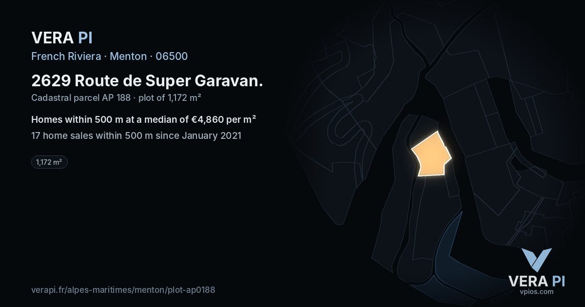 2629 Route de Super Garavan, Menton at night – the plot lit, the parcels around coloured by the prices near them