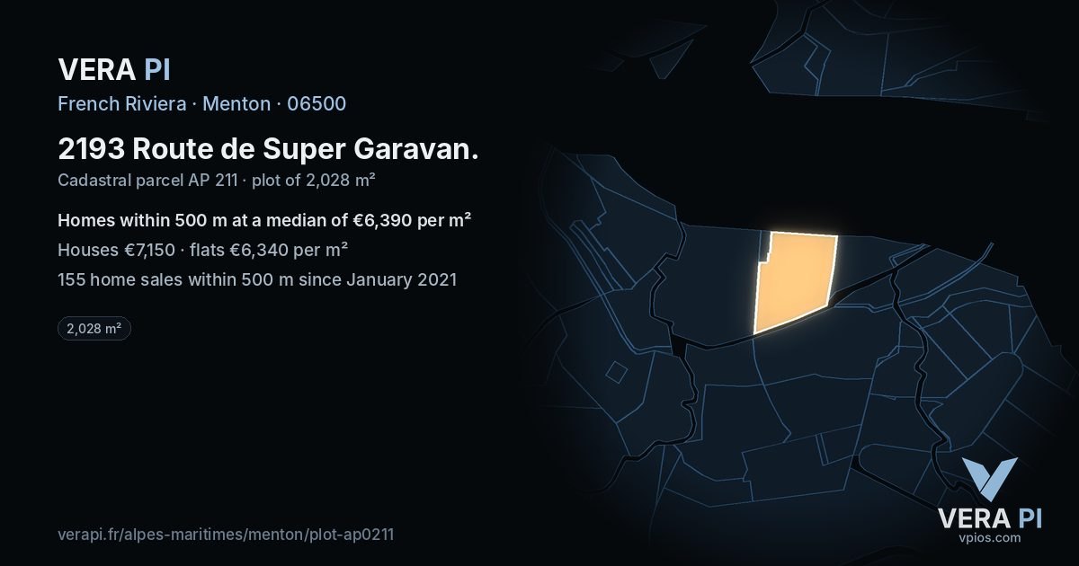 2193 Route de Super Garavan, Menton at night – the plot lit, the parcels around coloured by the prices near them
