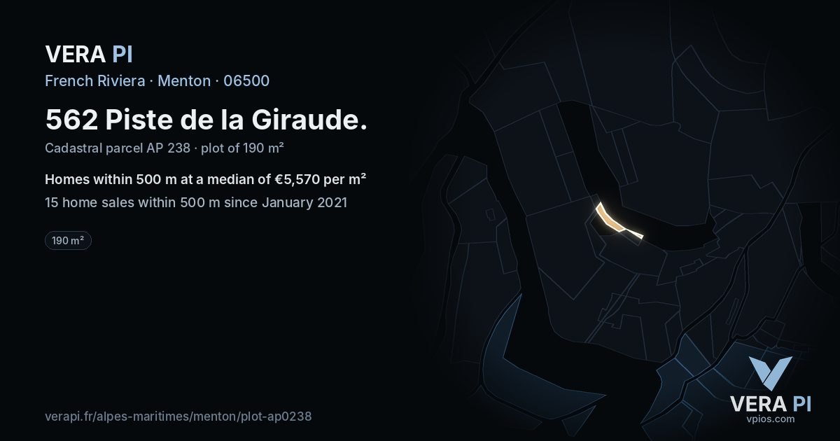 562 Piste de la Giraude, Menton at night – the plot lit, the parcels around coloured by the prices near them