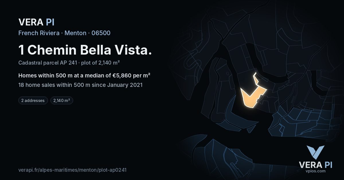 1 Chemin Bella Vista, Menton at night – the plot lit, the parcels around coloured by the prices near them