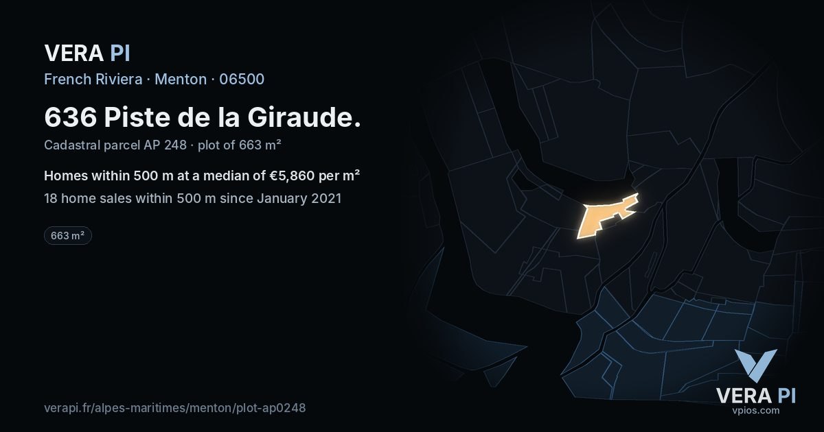 636 Piste de la Giraude, Menton at night – the plot lit, the parcels around coloured by the prices near them