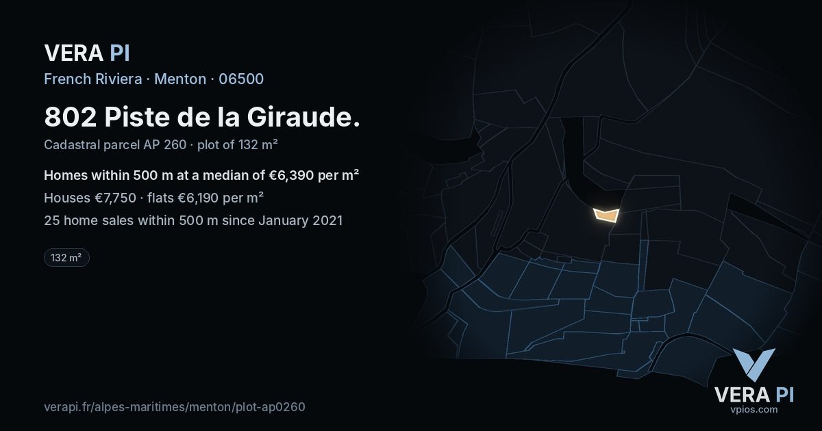802 Piste de la Giraude, Menton at night – the plot lit, the parcels around coloured by the prices near them
