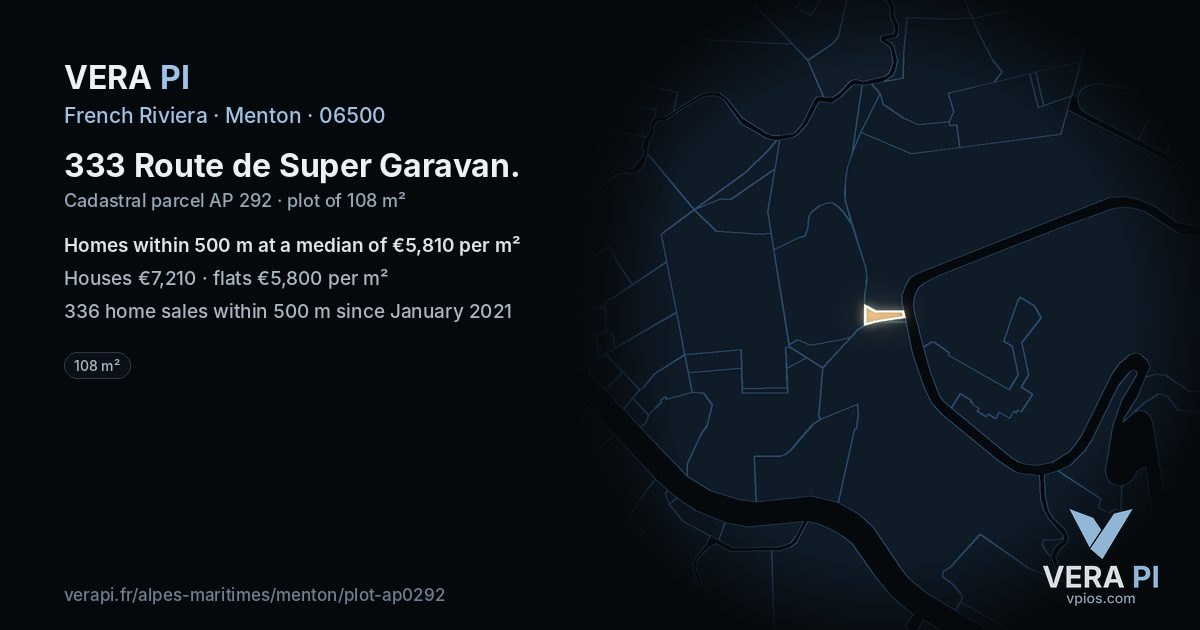 333 Route de Super Garavan, Menton at night – the plot lit, the parcels around coloured by the prices near them
