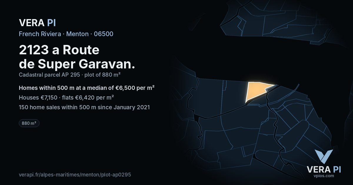 2123 a Route de Super Garavan, Menton at night – the plot lit, the parcels around coloured by the prices near them