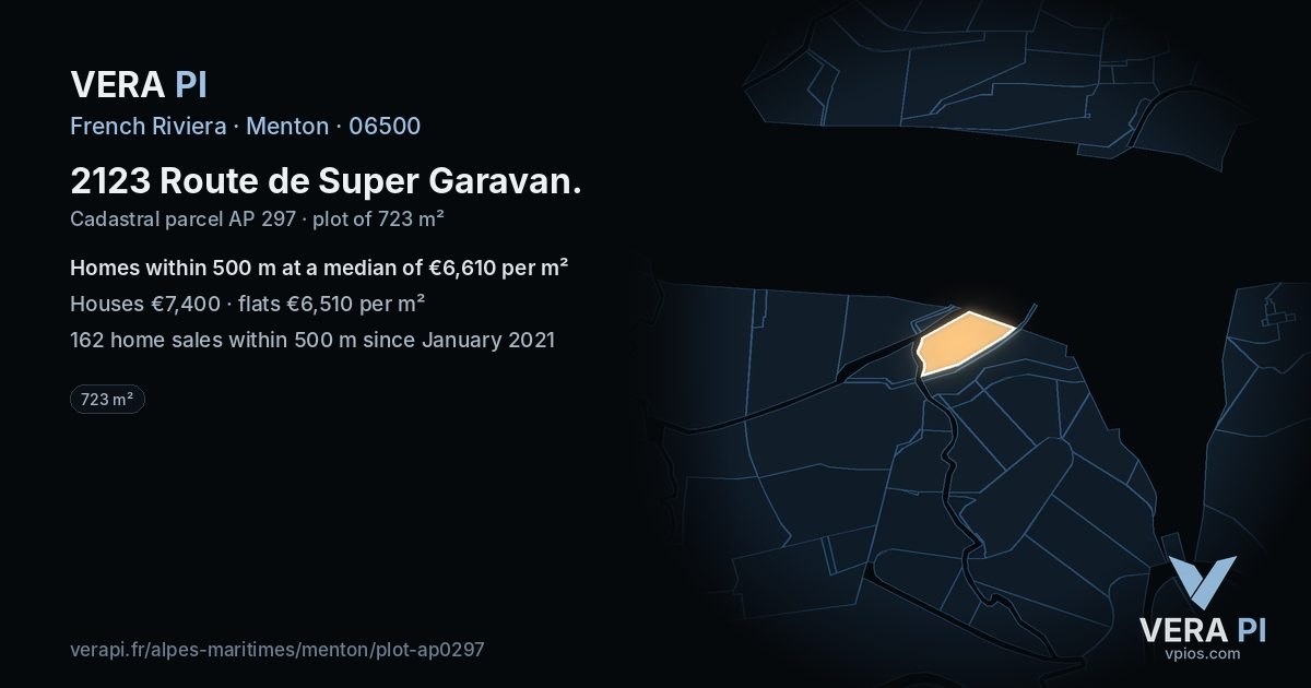 2123 Route de Super Garavan, Menton at night – the plot lit, the parcels around coloured by the prices near them