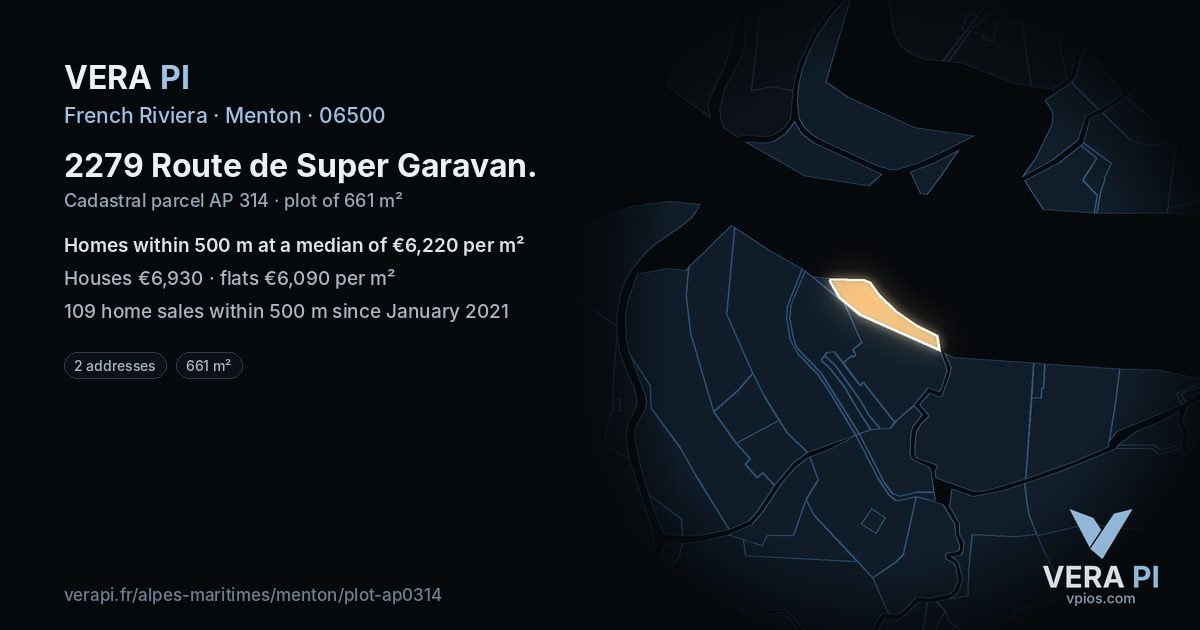 2279 Route de Super Garavan, Menton at night – the plot lit, the parcels around coloured by the prices near them