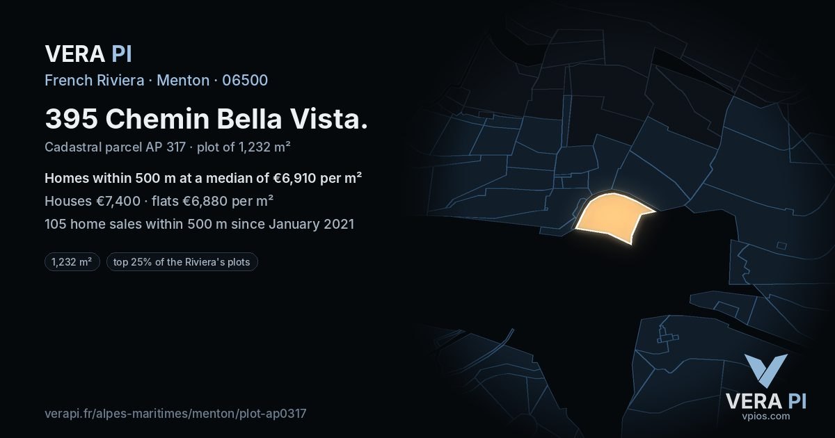 395 Chemin Bella Vista, Menton at night – the plot lit, the parcels around coloured by the prices near them