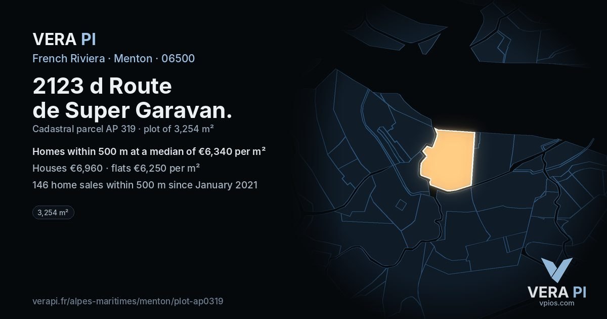 2123 d Route de Super Garavan, Menton at night – the plot lit, the parcels around coloured by the prices near them