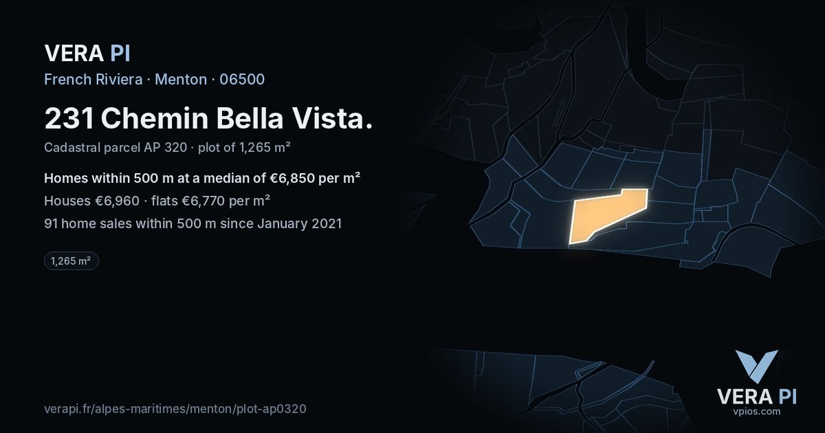 231 Chemin Bella Vista, Menton at night – the plot lit, the parcels around coloured by the prices near them