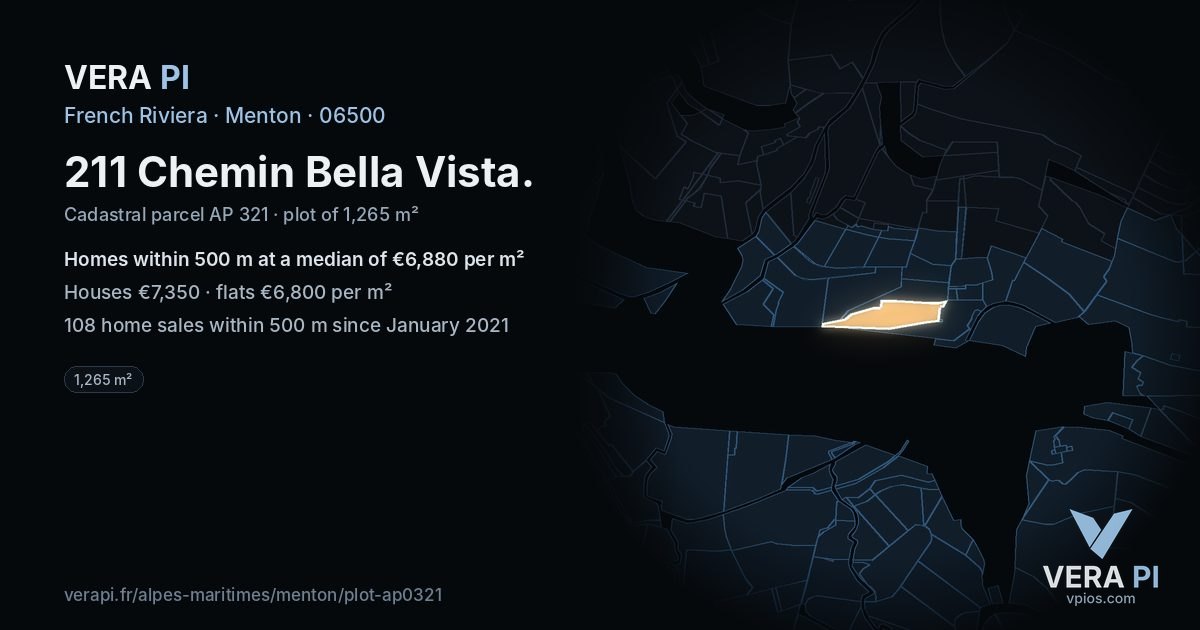211 Chemin Bella Vista, Menton at night – the plot lit, the parcels around coloured by the prices near them