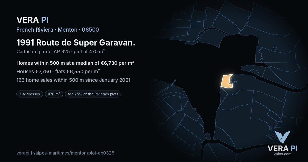 1991 Route de Super Garavan, Menton at night – the plot lit, the parcels around coloured by the prices near them