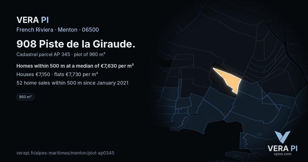 908 Piste de la Giraude, Menton at night – the plot lit, the parcels around coloured by the prices near them