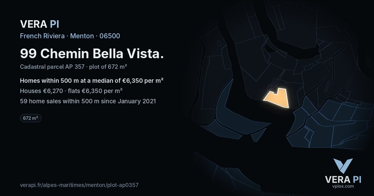 99 Chemin Bella Vista, Menton at night – the plot lit, the parcels around coloured by the prices near them