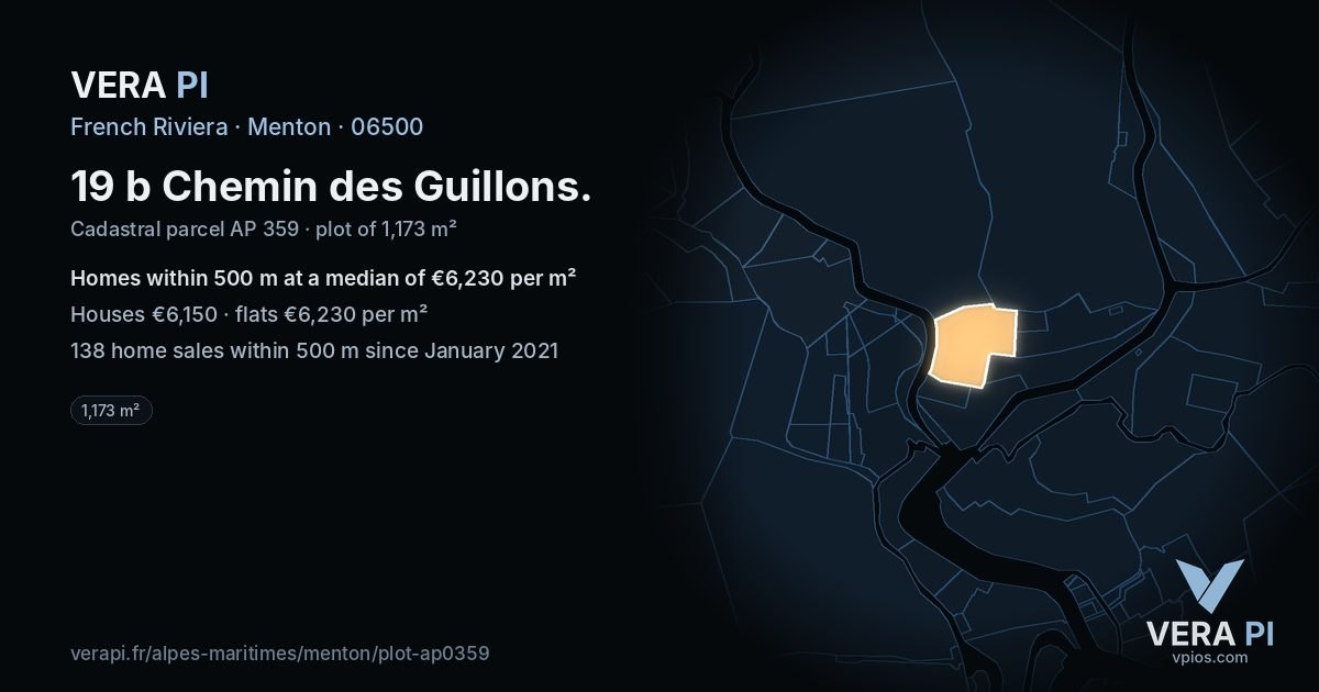 19 b Chemin des Guillons, Menton at night – the plot lit, the parcels around coloured by the prices near them