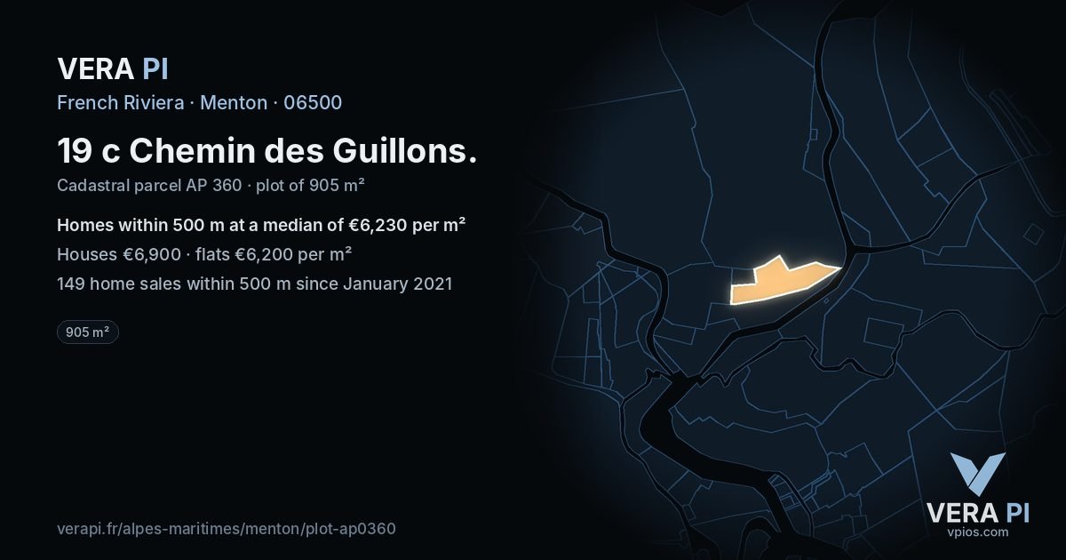 19 c Chemin des Guillons, Menton at night – the plot lit, the parcels around coloured by the prices near them