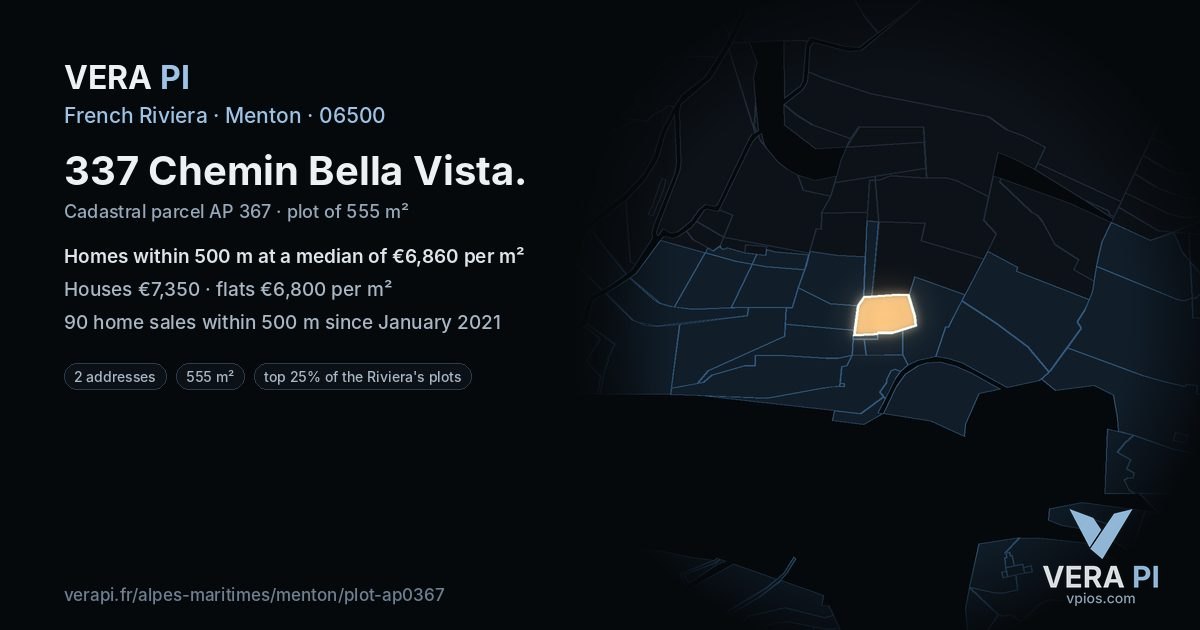 337 Chemin Bella Vista, Menton at night – the plot lit, the parcels around coloured by the prices near them