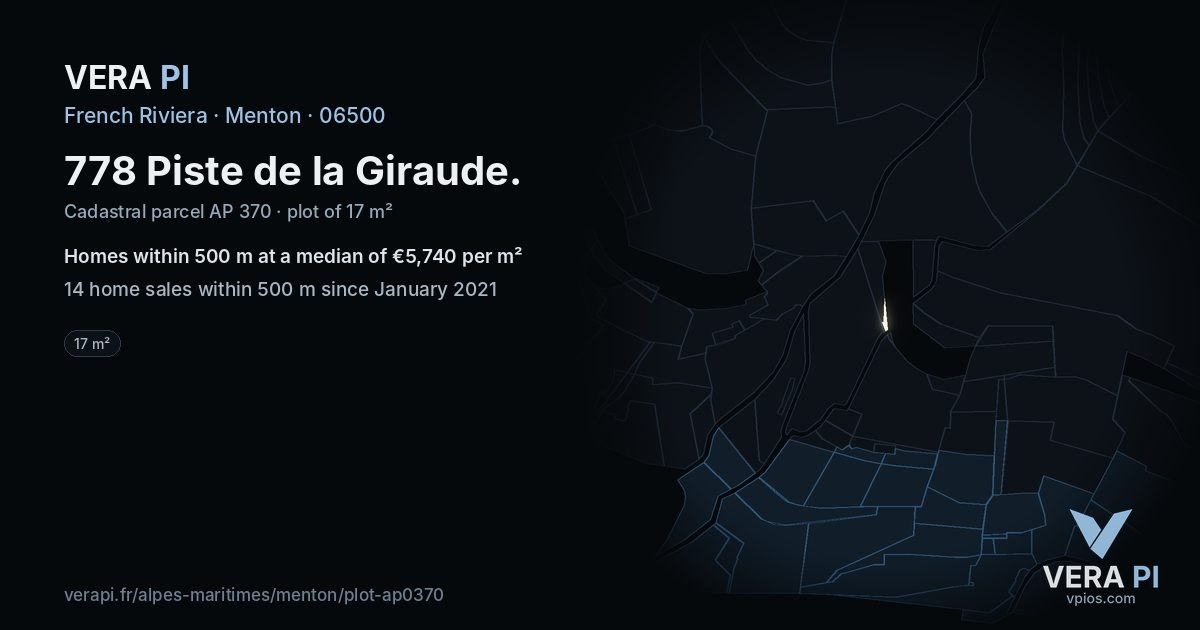 778 Piste de la Giraude, Menton at night – the plot lit, the parcels around coloured by the prices near them