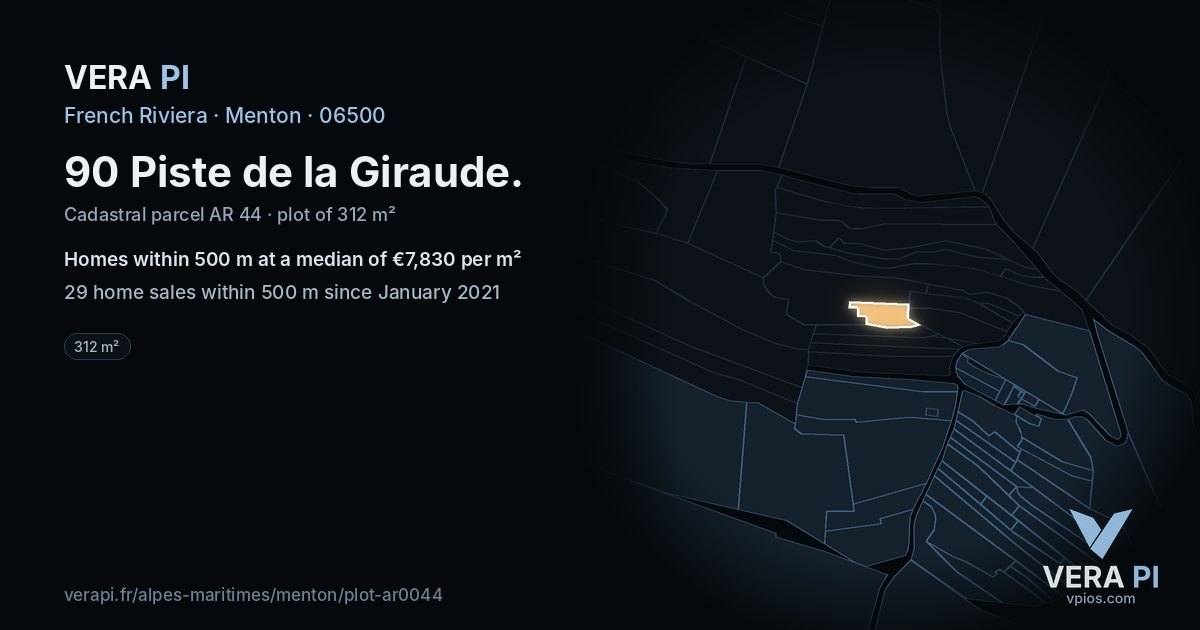 90 Piste de la Giraude, Menton at night – the plot lit, the parcels around coloured by the prices near them