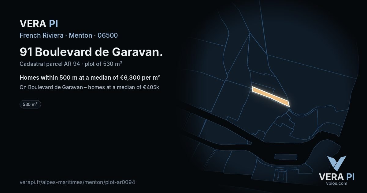 91 Boulevard de Garavan, Menton at night – the plot lit, the parcels around coloured by the prices near them