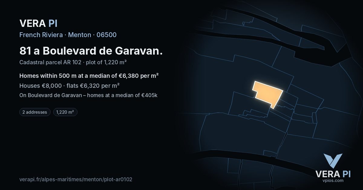 81 a Boulevard de Garavan, Menton at night – the plot lit, the parcels around coloured by the prices near them