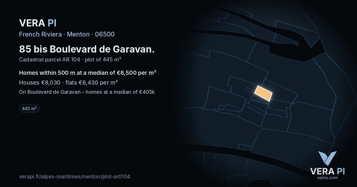 85 bis Boulevard de Garavan, Menton at night – the plot lit, the parcels around coloured by the prices near them