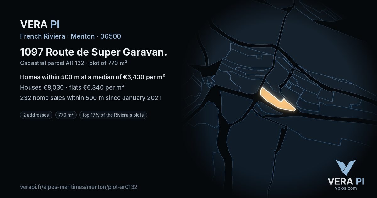 1097 Route de Super Garavan, Menton at night – the plot lit, the parcels around coloured by the prices near them