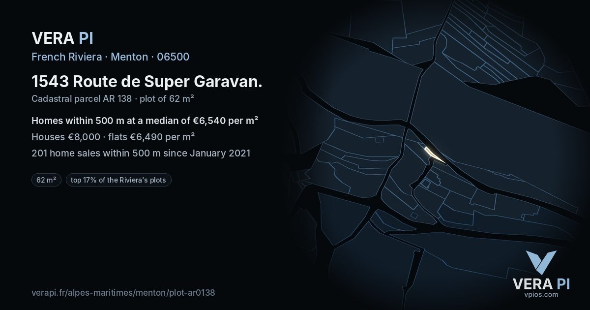 1543 Route de Super Garavan, Menton at night – the plot lit, the parcels around coloured by the prices near them