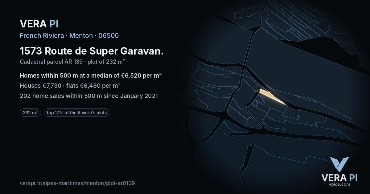 1573 Route de Super Garavan, Menton at night – the plot lit, the parcels around coloured by the prices near them