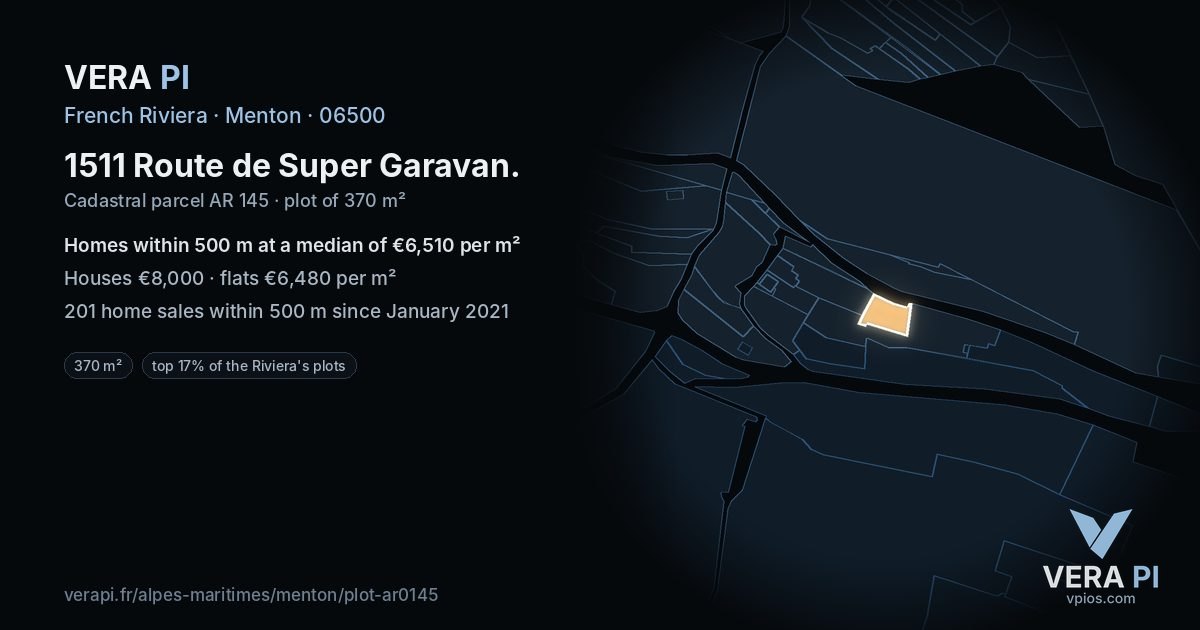 1511 Route de Super Garavan, Menton at night – the plot lit, the parcels around coloured by the prices near them