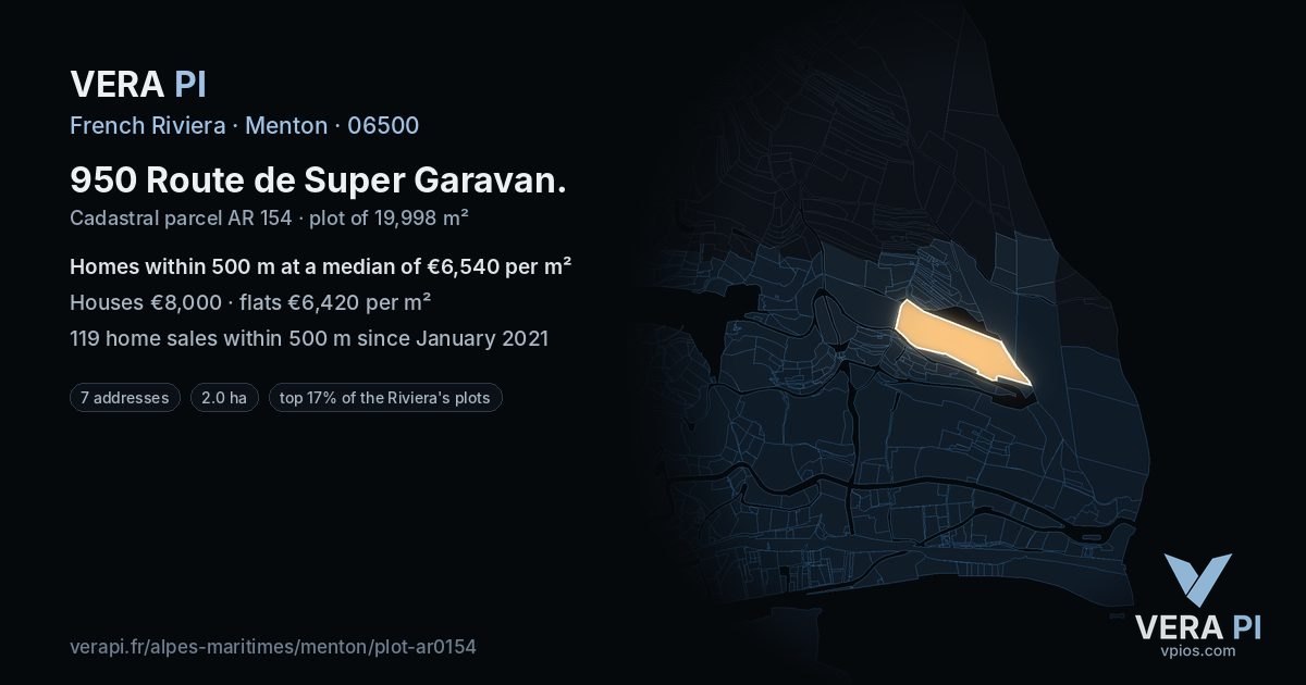 950 Route de Super Garavan, Menton at night – the plot lit, the parcels around coloured by the prices near them