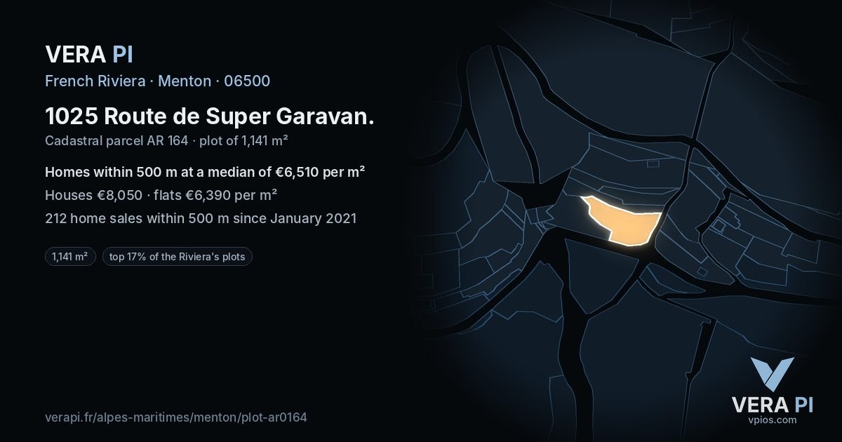 1025 Route de Super Garavan, Menton at night – the plot lit, the parcels around coloured by the prices near them