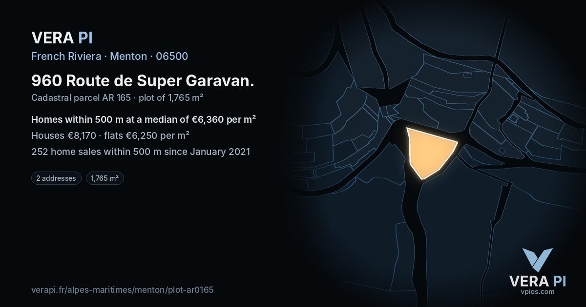 960 Route de Super Garavan, Menton at night – the plot lit, the parcels around coloured by the prices near them