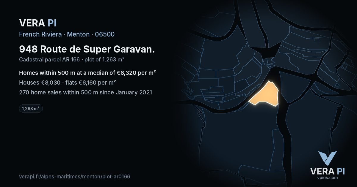948 Route de Super Garavan, Menton at night – the plot lit, the parcels around coloured by the prices near them