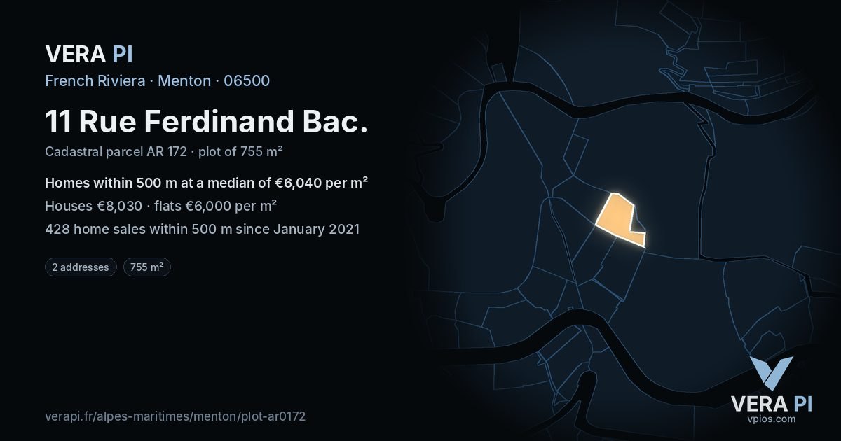 11 Rue Ferdinand Bac, Menton at night – the plot lit, the parcels around coloured by the prices near them