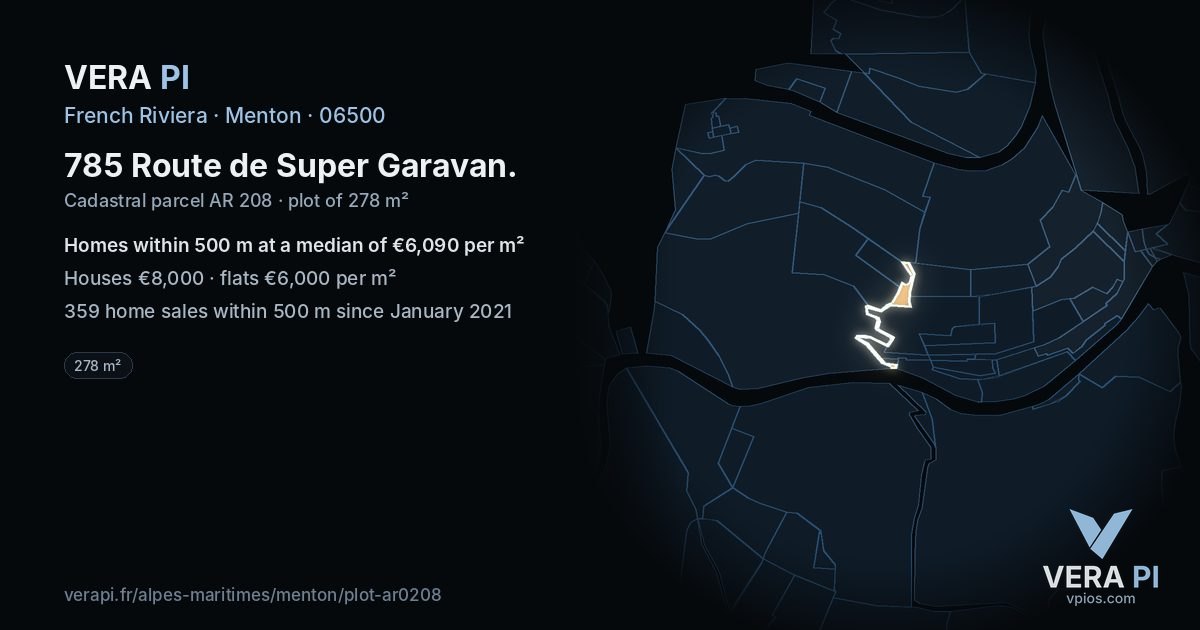 785 Route de Super Garavan, Menton at night – the plot lit, the parcels around coloured by the prices near them