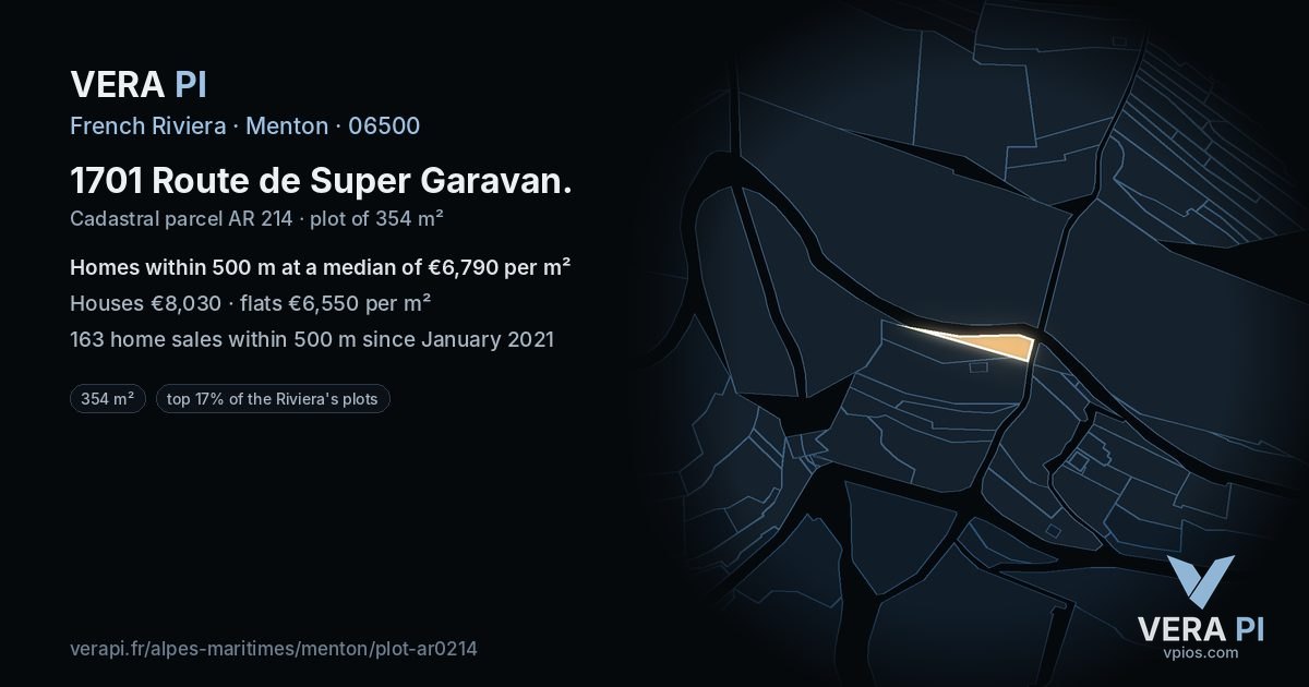 1701 Route de Super Garavan, Menton at night – the plot lit, the parcels around coloured by the prices near them