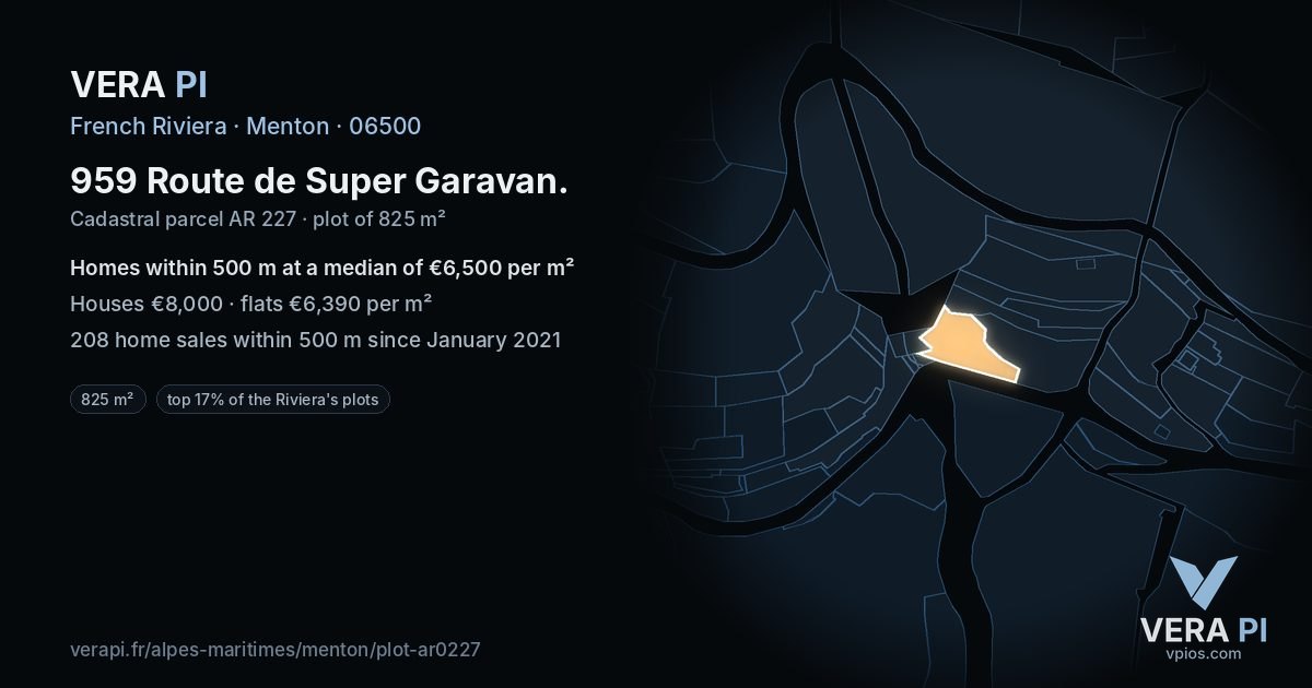 959 Route de Super Garavan, Menton at night – the plot lit, the parcels around coloured by the prices near them