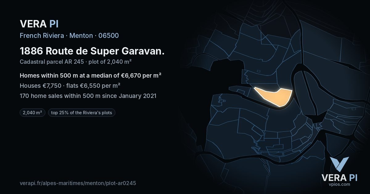 1886 Route de Super Garavan, Menton at night – the plot lit, the parcels around coloured by the prices near them
