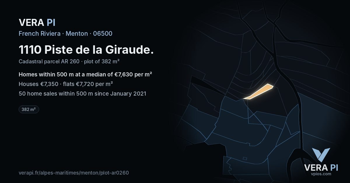 1110 Piste de la Giraude, Menton at night – the plot lit, the parcels around coloured by the prices near them