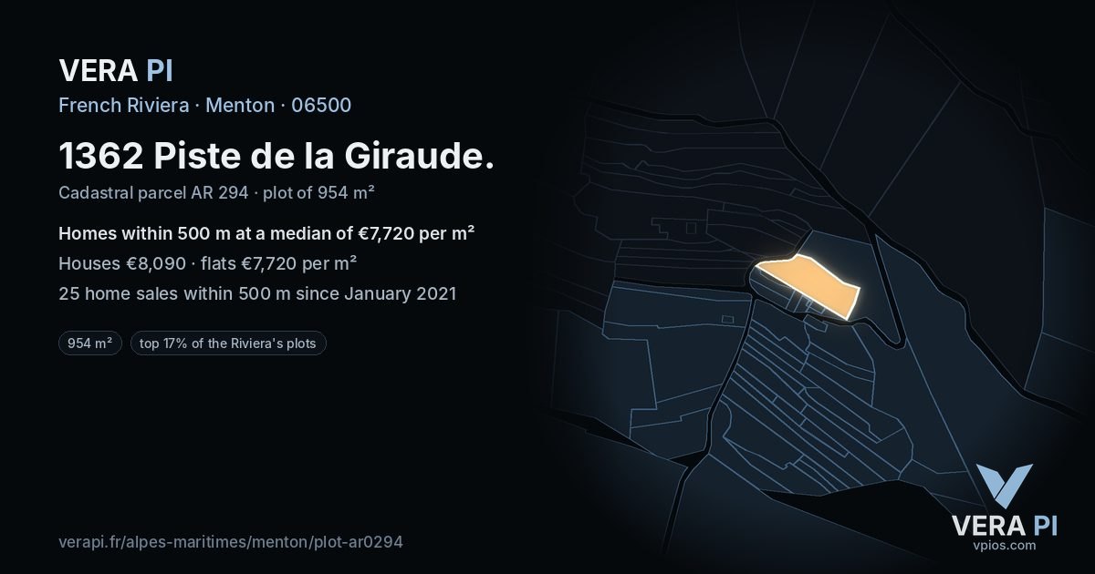 1362 Piste de la Giraude, Menton at night – the plot lit, the parcels around coloured by the prices near them