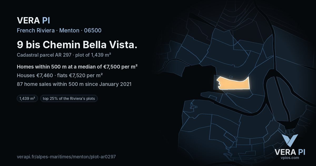 9 bis Chemin Bella Vista, Menton at night – the plot lit, the parcels around coloured by the prices near them