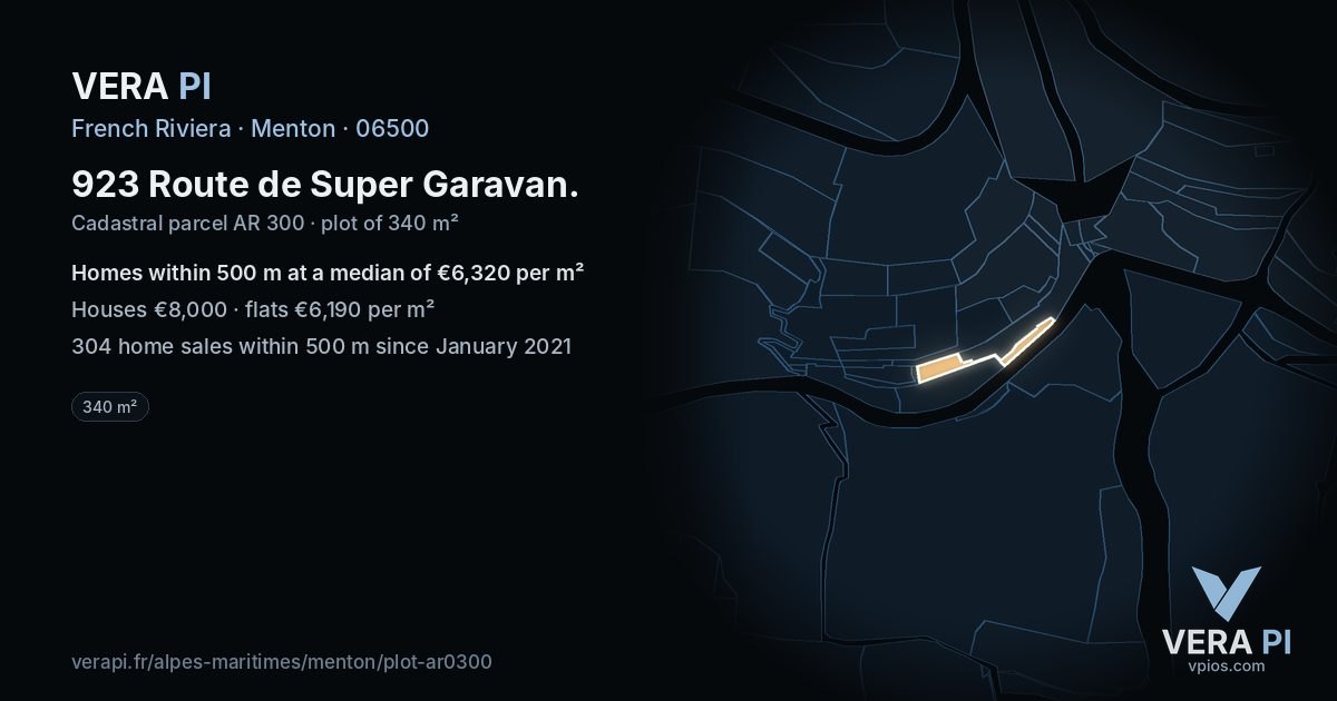923 Route de Super Garavan, Menton at night – the plot lit, the parcels around coloured by the prices near them